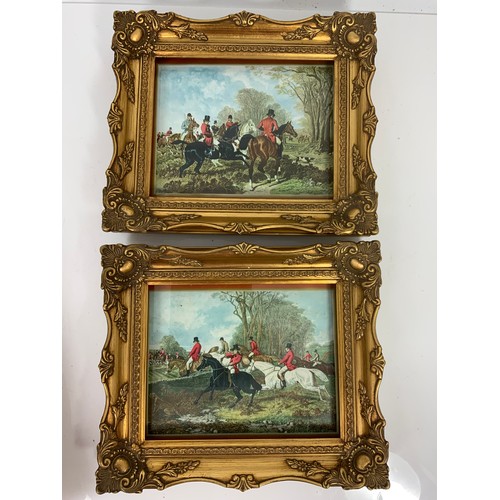 38 - MISC PICTURES AND PRINTS TO INCLUDE HUNTING PRINTS AND A LARGE TAPESTRY IN AN ORNATE FRAME