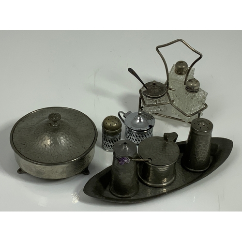 339 - HAMMERED PEWTERWARE, CRAFTSMAN PEWTER SHEFFIELD, CRUET, BOWL, PLUS A PLATED CONDIMENT STAND