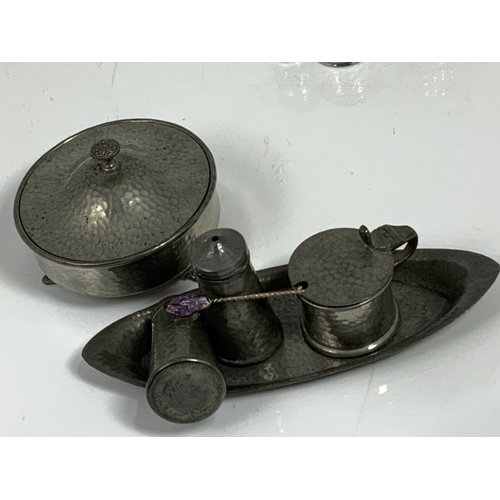 339 - HAMMERED PEWTERWARE, CRAFTSMAN PEWTER SHEFFIELD, CRUET, BOWL, PLUS A PLATED CONDIMENT STAND