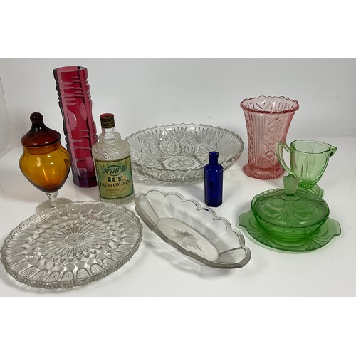 267 - QUANTITY  OF COLOURED AND OTHER GLASSWARE INCLUDING LARGE DISH WITH BRITISH REG MARK