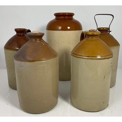 441 - MISC FOUR SALT GLAZED FLAGONS WITH LARGE JAR