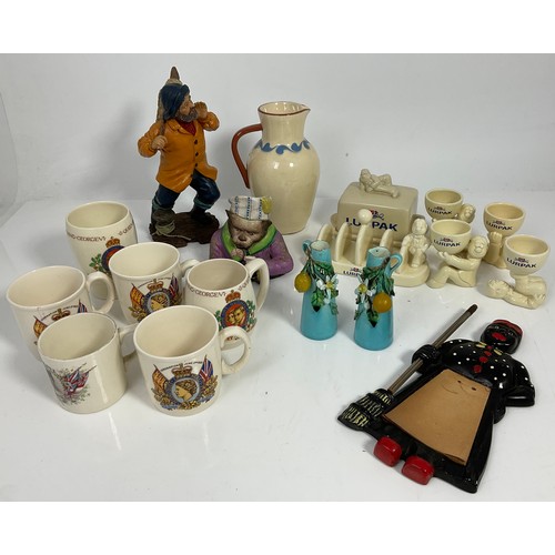 209 - TRAY OF CERAMICS INCLUDING CONTINENTALS SMOKING MONKEY, COMMEMORATIVE WARE, LURPAK ADVERTISING WARE