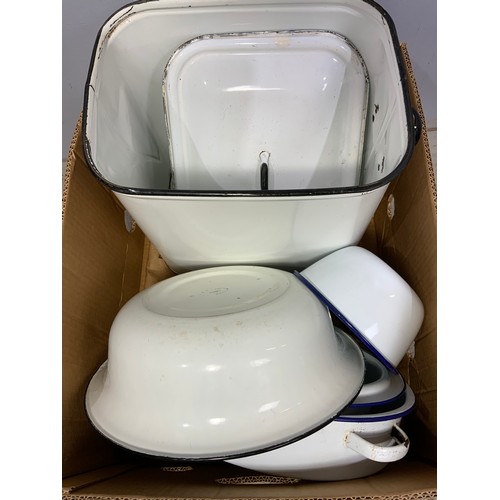 333 - LARGE QTY., 3 BOXES,  OF ENAMEL WARE INC. BREAD BINS, PANS, TINS AND BASINS ETC.