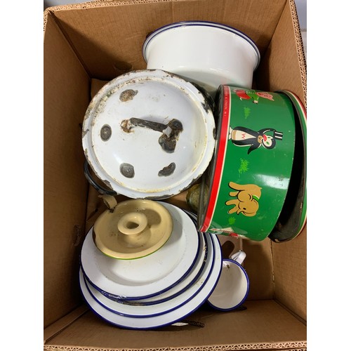 333 - LARGE QTY., 3 BOXES,  OF ENAMEL WARE INC. BREAD BINS, PANS, TINS AND BASINS ETC.