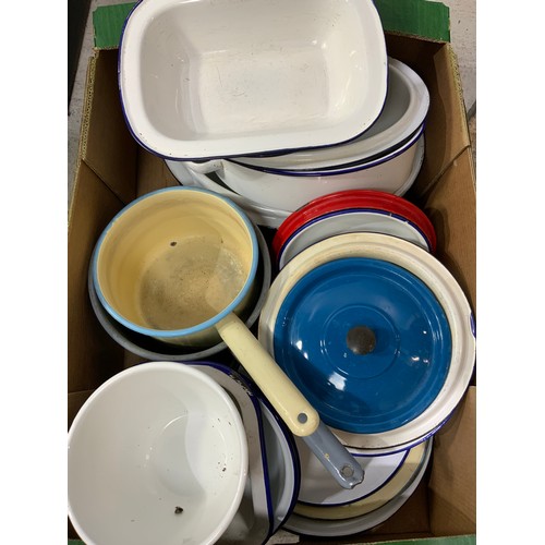 333 - LARGE QTY., 3 BOXES,  OF ENAMEL WARE INC. BREAD BINS, PANS, TINS AND BASINS ETC.