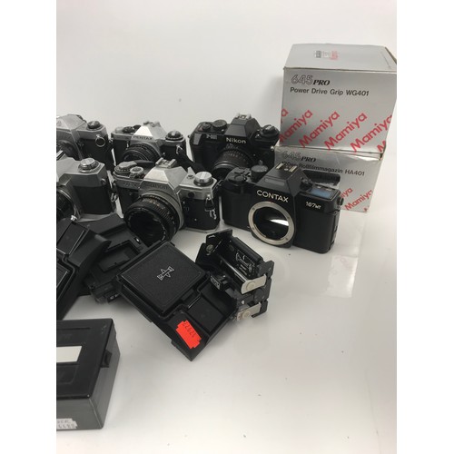 422 - PHOTOGRAPHIC INTEREST, BOX OF CAMERS & LENSES, MEDIAM FORMAT & 35 MM SPAREWS / REPAIR, INC, CANON AE... 