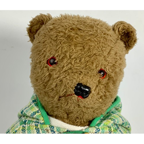 47 - VINTAGE TEDDY BEAR, 56 CM TALL, SOME PINK NOSE STITCHING, NO MAKERS LABEL, DRESSED AS A PADDINGTON B... 