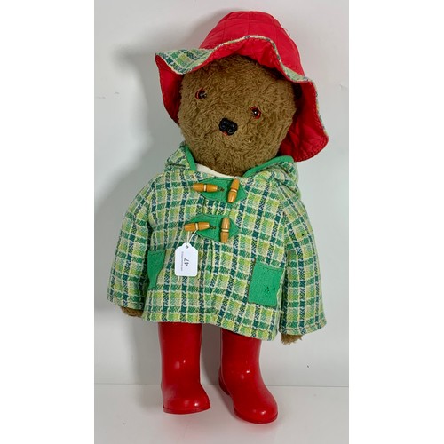 47 - VINTAGE TEDDY BEAR, 56 CM TALL, SOME PINK NOSE STITCHING, NO MAKERS LABEL, DRESSED AS A PADDINGTON B... 