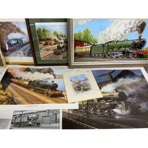 278 - ASSORTED RAILWAY PICTURES, VARIOUS GWR BASED PRINTS, BARRY PRICE DEFIANT U/F, SUMMER SEA WALL ETC.