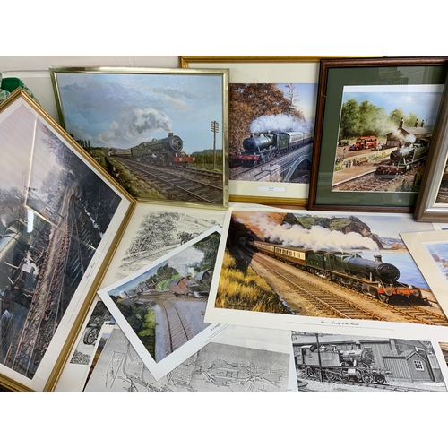 278 - ASSORTED RAILWAY PICTURES, VARIOUS GWR BASED PRINTS, BARRY PRICE DEFIANT U/F, SUMMER SEA WALL ETC.