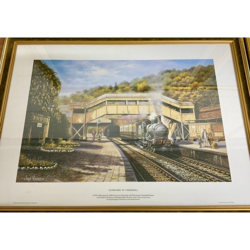 274 - 4 FRAMED RAILWAY PRINTS : 3 X BARRY FREEMAN SIGNED BY ARTIST, GWR BIAS, PLUS CHRIS WOODS GUINEVERE A... 