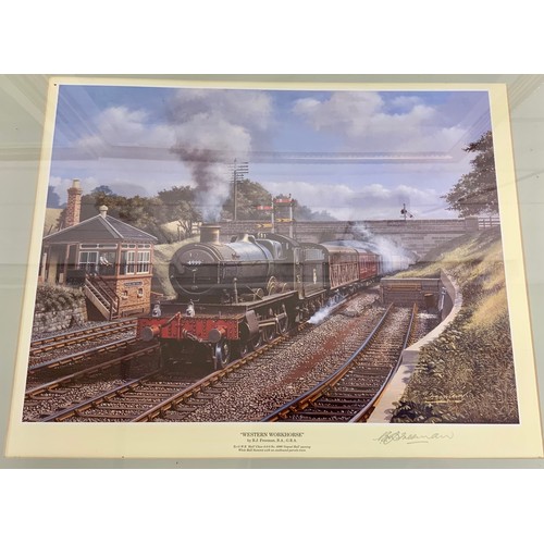 274 - 4 FRAMED RAILWAY PRINTS : 3 X BARRY FREEMAN SIGNED BY ARTIST, GWR BIAS, PLUS CHRIS WOODS GUINEVERE A... 