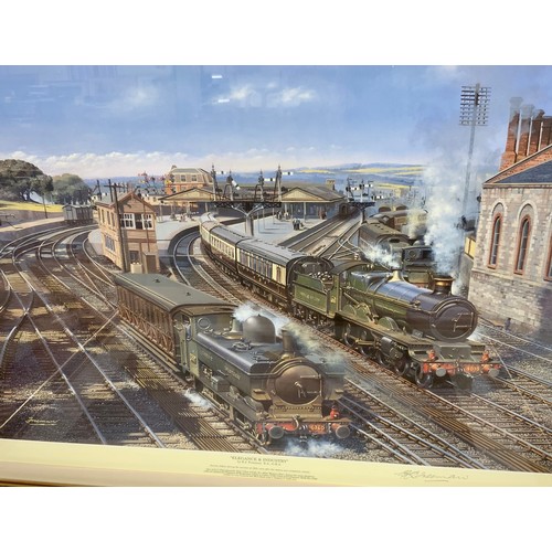 274 - 4 FRAMED RAILWAY PRINTS : 3 X BARRY FREEMAN SIGNED BY ARTIST, GWR BIAS, PLUS CHRIS WOODS GUINEVERE A... 