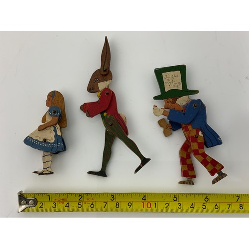 70 - 3 VINTAGE WOODEN CUT OUT HAND PAINTED ARTICULATED, CHARACTERS FROM ALICE IN WONDERLAND, ALICE, WHITE... 