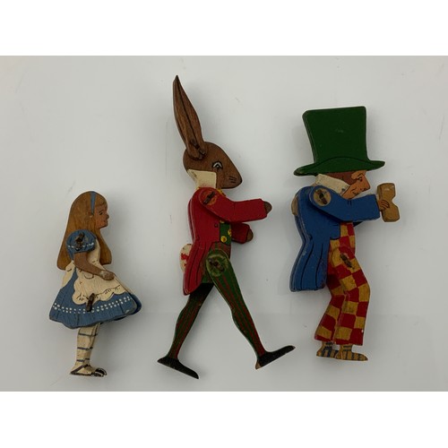 70 - 3 VINTAGE WOODEN CUT OUT HAND PAINTED ARTICULATED, CHARACTERS FROM ALICE IN WONDERLAND, ALICE, WHITE... 