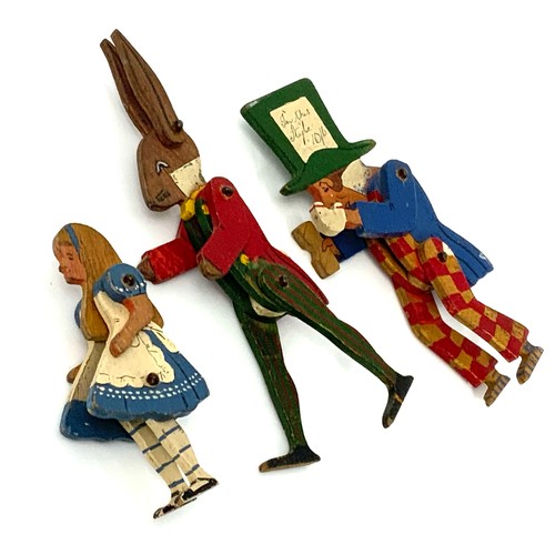 70 - 3 VINTAGE WOODEN CUT OUT HAND PAINTED ARTICULATED, CHARACTERS FROM ALICE IN WONDERLAND, ALICE, WHITE... 