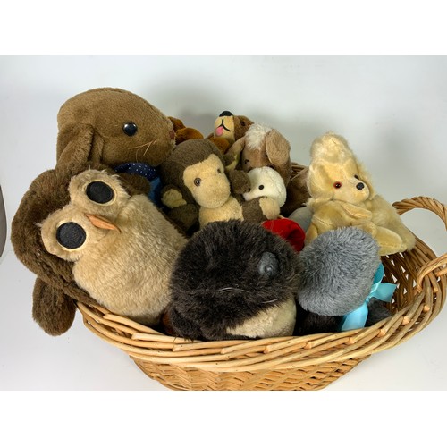 54 - TWO WICKER BASKETS OF MIXED COLLECTABLE AND OLDER SOFT TOYS