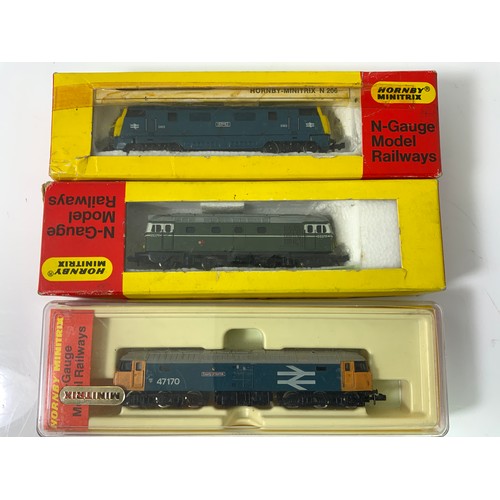 329 - HORNBY MINITRIX, 2 CARD & 1 PLASTIC BOXED LOCOMOTIVES, WARSHIP, CLASS 27 & CLASS 47, PLUS LIMA DELTI... 