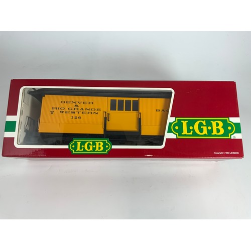 495 - LGB G SCALE BOXED 3084 BOX CAR, DENVER & RIO GRANDE WESTERN 126, BOGIE CAR