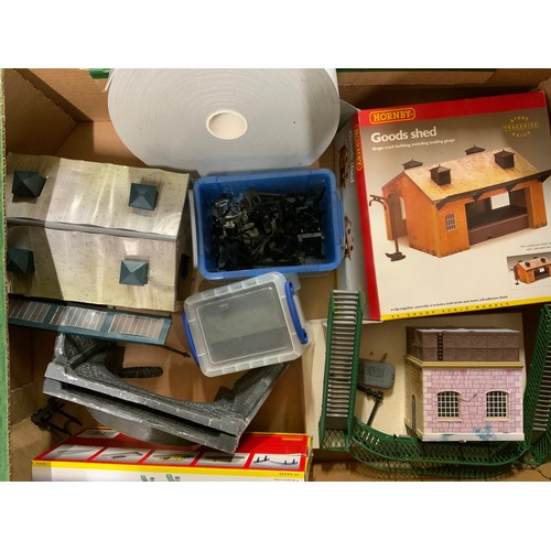 343 - THREE BOXES OF MODEL RAILWAY ACCESSORIES BUILDINGS, PERSONS, TREES, OOC, SIGNALS, WIRES ETC.