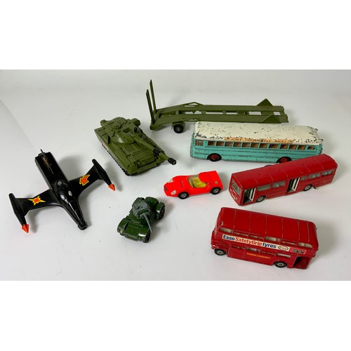 155 - DIECAST DINKY TOYS INC DINKY CONTINENTAL TOURS BUS, AEC SWIFT, ROUTEMASTER, CHIEFTAIN TANK