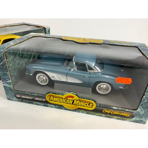 197 - TWO BOXED AMERICAN MUSCLE CARS, 1970 CHALLENGER T/A & 1961 CHEVROLET CORVETTE. ERTL COLLECTIBLES.