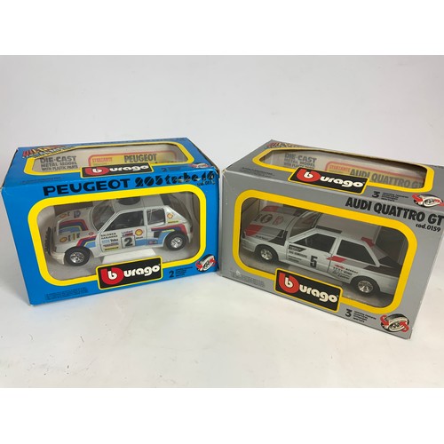 167 - 2 BOXED BURAGO MODEL CARS, BLUE BOX PEUGEOT 205 TURBO 16 0113, CHAMPION DU MONDE RALLYE 1985, & 0159... 