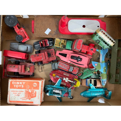 214 - VARIOUS PLAYWORN DINY TOYS, INC HARRIER, TRACTORS, BUSES, BLAW KNOX. BOXED COVENTRY CLIMAX FORK LIFT... 