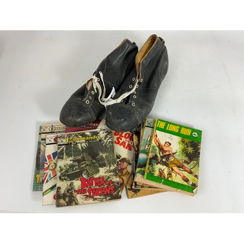 73 - COLLECTION OF COMMANDO WAR COMICS, & A PAIR OF VINTAGE RUGBY BOOTS!