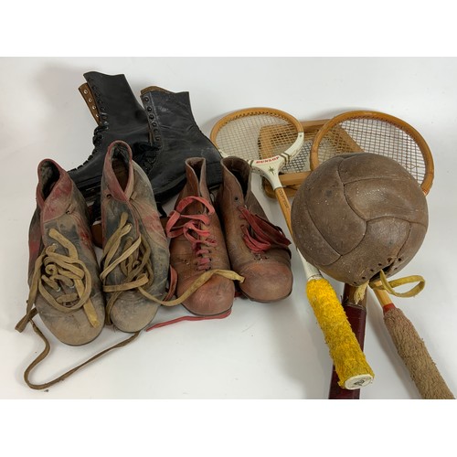 72 - VINTAGE SPORTING INTEREST, LEATHER LACE UP FOOTBALL, FOOTBALL BOOTS, ICE SKATES & TENNIS RACKETS