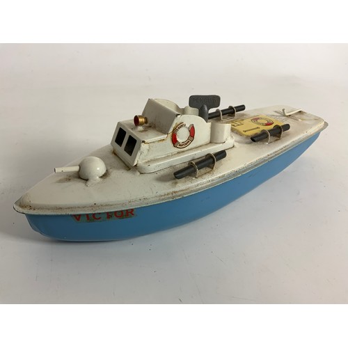 210 - UNUSUAL TINPLATE CLOCKWORK BOAT, VICTOR, BY SUTCLIFFE, PLUS TRAY OF PLAYWORK DIECAST, DINKY & CORGI