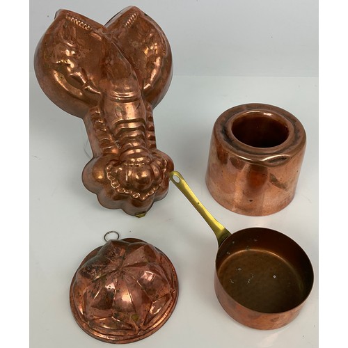 253 - TWO COPPERS MOULDS INCLUDING LOBSTER AND A SMALL COPPER AND BRASS PAN