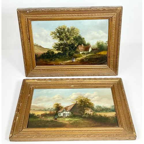 17 - PR. 19TH CENTURY OILS ON PANEL DEPICTING RURAL COTTAGE SCENES WITH FIGURES, EACH APPROX. 36 X 24 cm