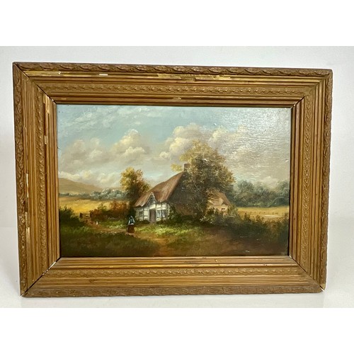 17 - PR. 19TH CENTURY OILS ON PANEL DEPICTING RURAL COTTAGE SCENES WITH FIGURES, EACH APPROX. 36 X 24 cm