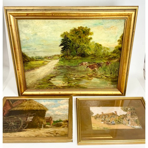 18 - 3 VARIOUS PAINTINGS, OIL ON CANVAS DEPICTING A HAY CART, OIL ON CANVAS DEPICTING CATTLE IN A STREAM ... 