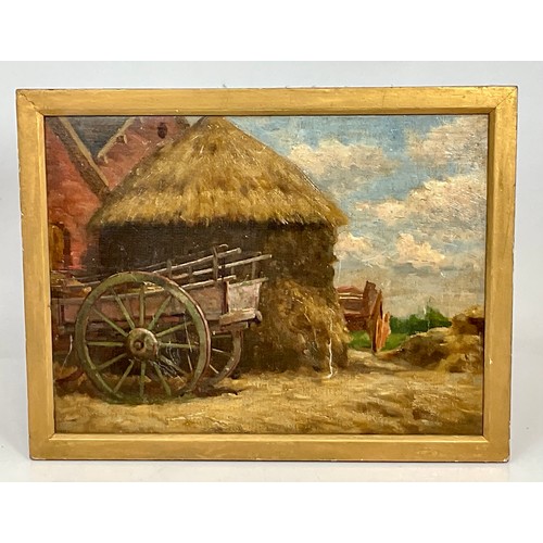 18 - 3 VARIOUS PAINTINGS, OIL ON CANVAS DEPICTING A HAY CART, OIL ON CANVAS DEPICTING CATTLE IN A STREAM ... 