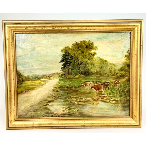 18 - 3 VARIOUS PAINTINGS, OIL ON CANVAS DEPICTING A HAY CART, OIL ON CANVAS DEPICTING CATTLE IN A STREAM ... 