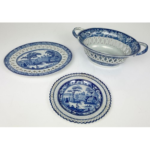 145 - ANTIQUE BLUE AND WHITE TRANSFER DECORATED PIERCED OVAL DISH AND TWO PLATES (3)