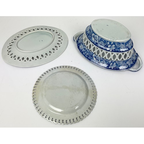 145 - ANTIQUE BLUE AND WHITE TRANSFER DECORATED PIERCED OVAL DISH AND TWO PLATES (3)