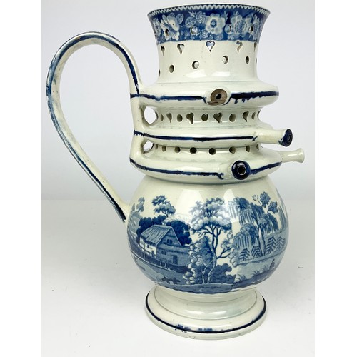 146 - ANTIQUE BLUE AND WHITE  TRANSFER DECORATED PUZZLE JUG APPROX 27CM TALL A/F