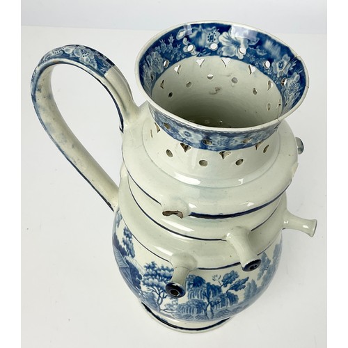 146 - ANTIQUE BLUE AND WHITE  TRANSFER DECORATED PUZZLE JUG APPROX 27CM TALL A/F