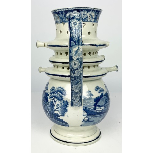 146 - ANTIQUE BLUE AND WHITE  TRANSFER DECORATED PUZZLE JUG APPROX 27CM TALL A/F