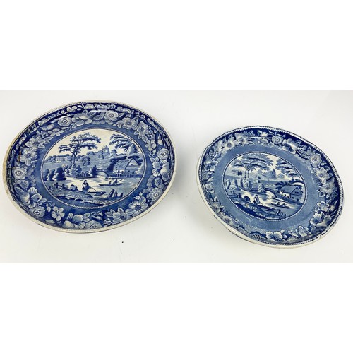 147 - ANTIQUE TWO AND BLUE AND WHITE TRANSFER DECORATED  COMPORT / CAKE STANDS APPROX 28CM WIDE