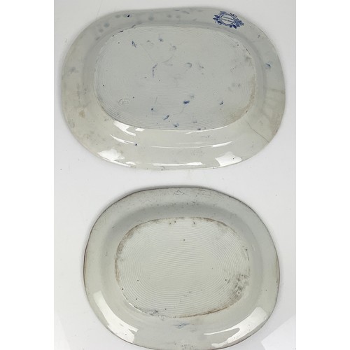 148 - SIX BLUE AND WHITE TRANSFER DECORATED PLATTERS BIGGEST IS APPROX 38CM WIDE