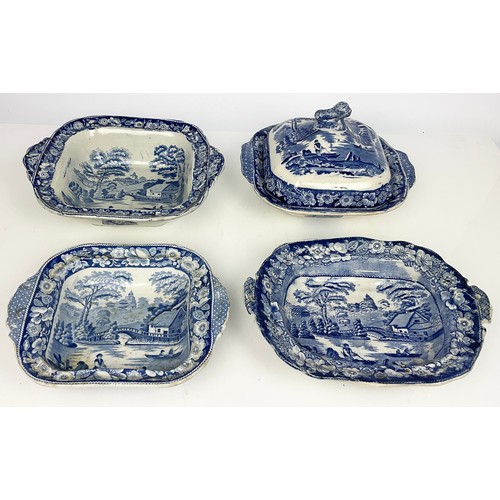 149 - FOUR ANTIQUE BLUE AND WHITE TRANSFER DECORATED  DISHES BIGGEST DISH IS APPROX 29CM WIDE