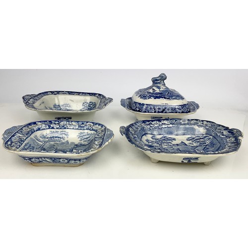 149 - FOUR ANTIQUE BLUE AND WHITE TRANSFER DECORATED  DISHES BIGGEST DISH IS APPROX 29CM WIDE