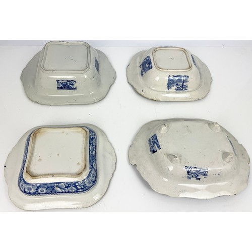 149 - FOUR ANTIQUE BLUE AND WHITE TRANSFER DECORATED  DISHES BIGGEST DISH IS APPROX 29CM WIDE