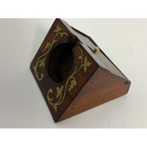 304 - ROSEWOOD POCKET WATCH STAND WITH BRASS INLAID DECORATION AND STORAGE COMPARTMENT WITH HINGED COVER