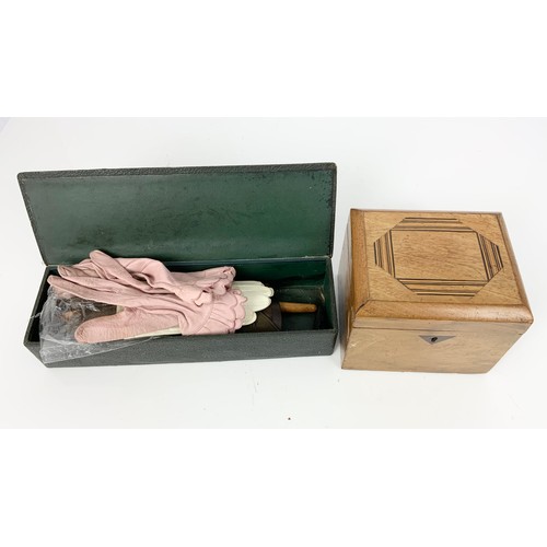 286 - GLOVE BOX AND CONTENTS INCLUDING GLOVES, STRETCHERS, BUTTON POLISHER TOGETHER WITH SMALL WOODEN BOX