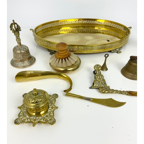 261 - GALLERIED TRAY TOGETHER WITH MISCELLANEOUS BRASS WARE INCLUDING BELLS ETC